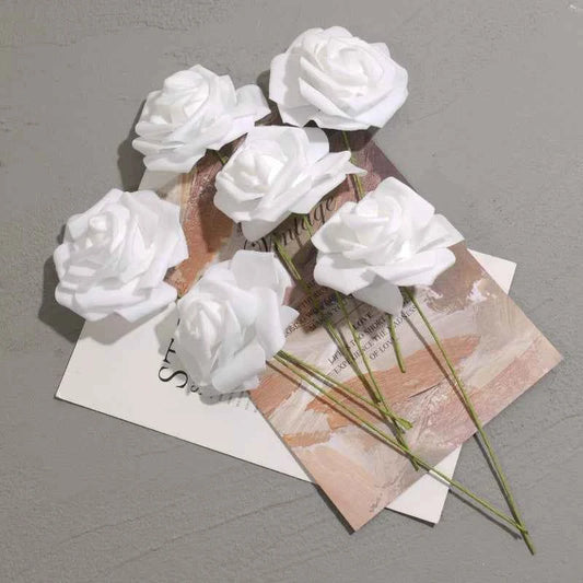 50pcs/package White PE Rose Artificial Flower Head With Stem DIY Bouquet Wedding Party Decoration Scrapbook Supplies