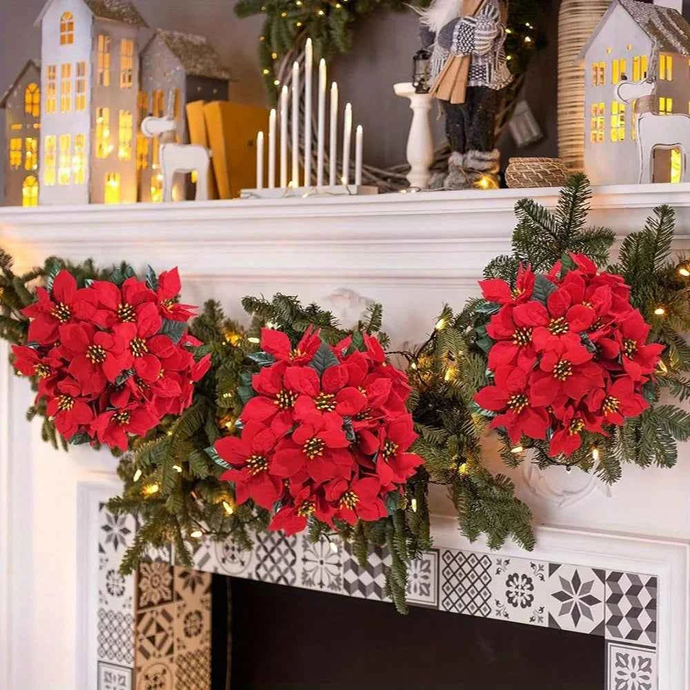 1pcs7 branchLarge Artificial Red Velvet Christmas Flowers Xmas Tree Silk Rose Heads Flower Bouquet Ornaments Wedding Party Home