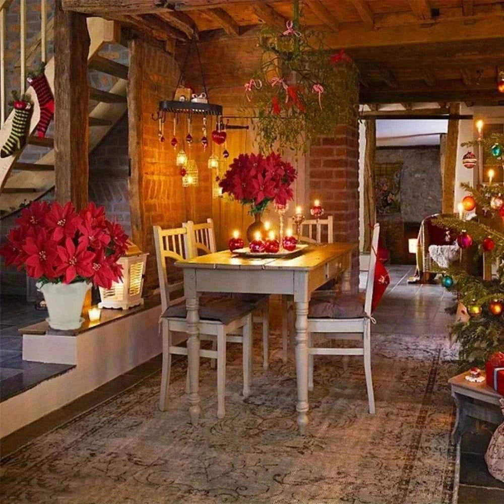 1pcs7 branchLarge Artificial Red Velvet Christmas Flowers Xmas Tree Silk Rose Heads Flower Bouquet Ornaments Wedding Party Home