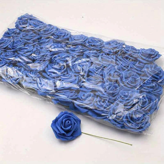 50pcs/package White PE Rose Artificial Flower Head With Stem DIY Bouquet Wedding Party Decoration Scrapbook Supplies