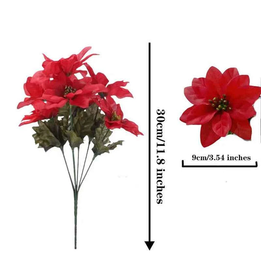 1pcs7 branchLarge Artificial Red Velvet Christmas Flowers Xmas Tree Silk Rose Heads Flower Bouquet Ornaments Wedding Party Home