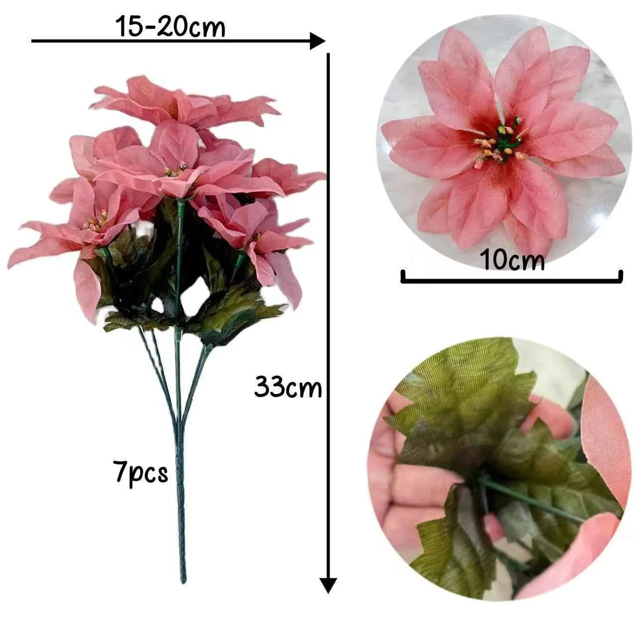 1pcs7 branchLarge Artificial Red Velvet Christmas Flowers Xmas Tree Silk Rose Heads Flower Bouquet Ornaments Wedding Party Home