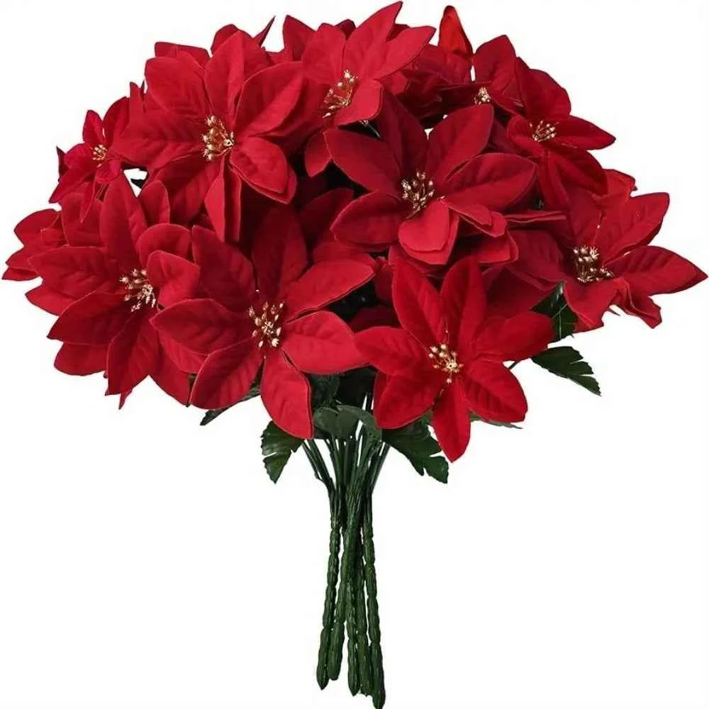 1pcs7 branchLarge Artificial Red Velvet Christmas Flowers Xmas Tree Silk Rose Heads Flower Bouquet Ornaments Wedding Party Home
