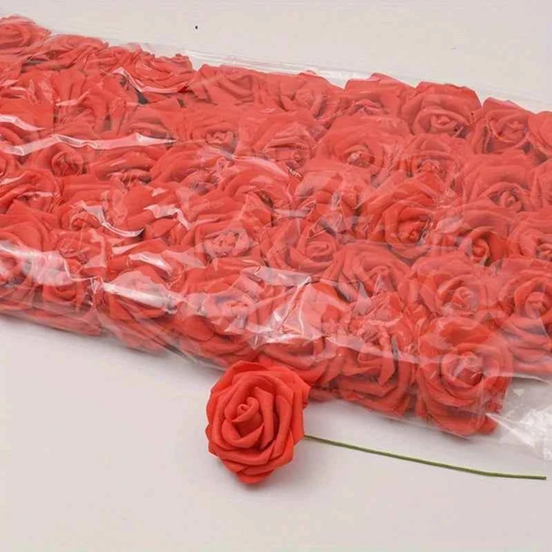 50pcs/package White PE Rose Artificial Flower Head With Stem DIY Bouquet Wedding Party Decoration Scrapbook Supplies