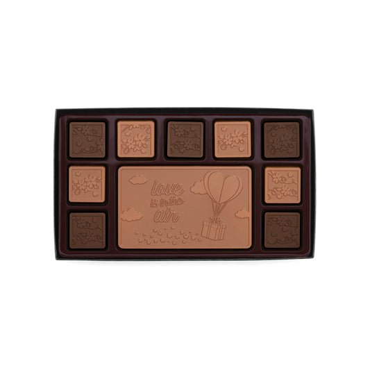 Engraved Premium Chocolate Love Is In The Air (Falling For You) w/ Personalized Message 19-Piece Ensemble (Milk & Dark Border)