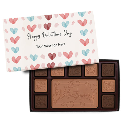 Engraved Premium Chocolate Happy Valentine’s Day (Hearts) w/ Personalized Message 19-Piece Ensemble (Milk & Dark Border)