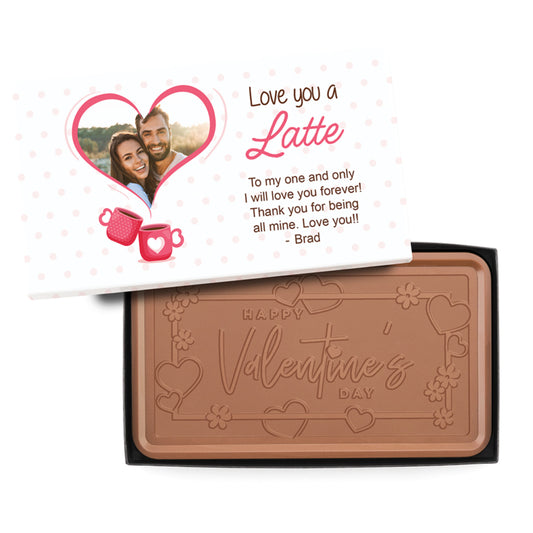Engraved Premium Chocolate Happy Valentine’s Day (Love You A Latte) w/ Personalized Message & Photo 1lb Grand Bar