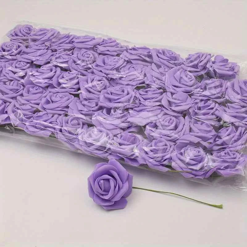 50pcs/package White PE Rose Artificial Flower Head With Stem DIY Bouquet Wedding Party Decoration Scrapbook Supplies