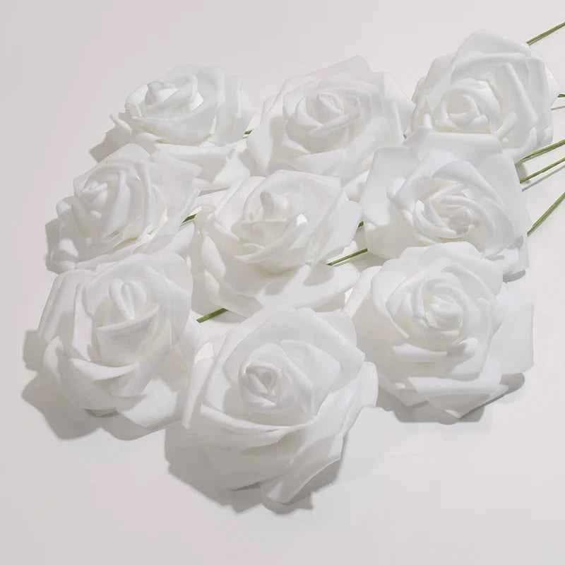 50pcs/package White PE Rose Artificial Flower Head With Stem DIY Bouquet Wedding Party Decoration Scrapbook Supplies