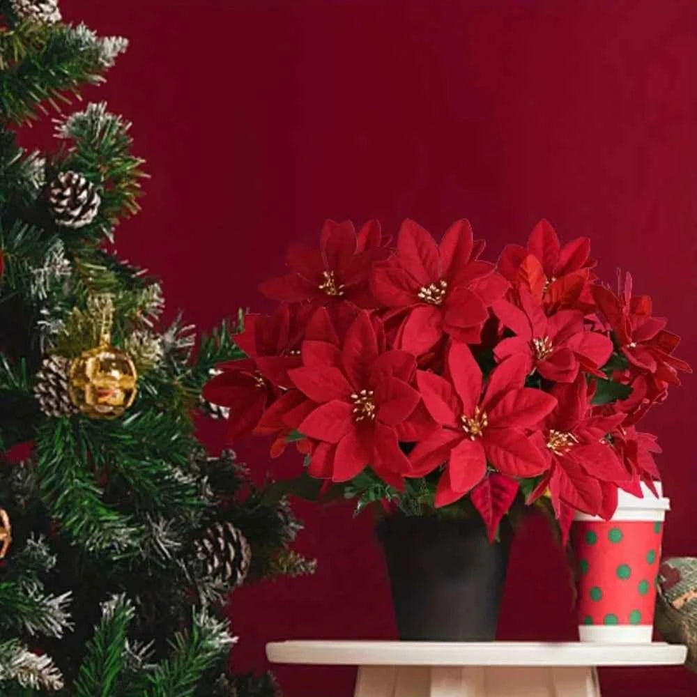 1pcs7 branchLarge Artificial Red Velvet Christmas Flowers Xmas Tree Silk Rose Heads Flower Bouquet Ornaments Wedding Party Home