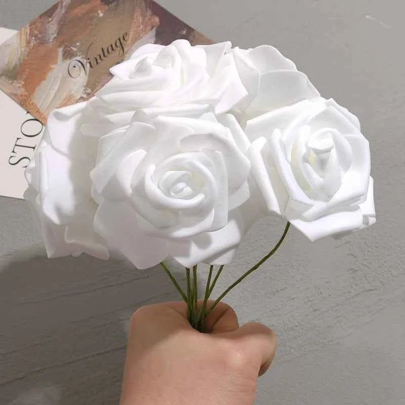 50pcs/package White PE Rose Artificial Flower Head With Stem DIY Bouquet Wedding Party Decoration Scrapbook Supplies