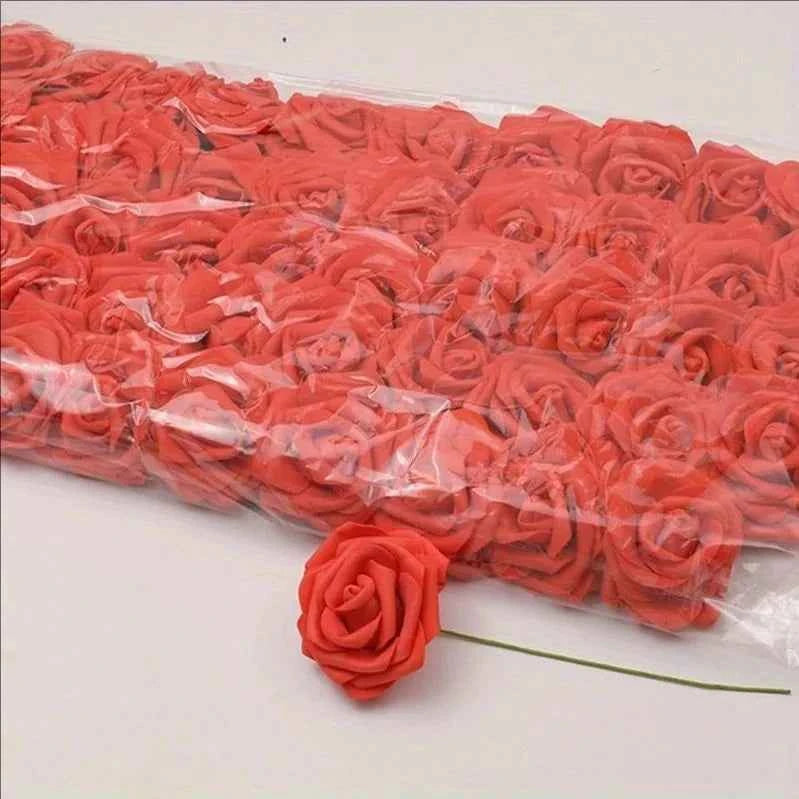 50pcs/package White PE Rose Artificial Flower Head With Stem DIY Bouquet Wedding Party Decoration Scrapbook Supplies