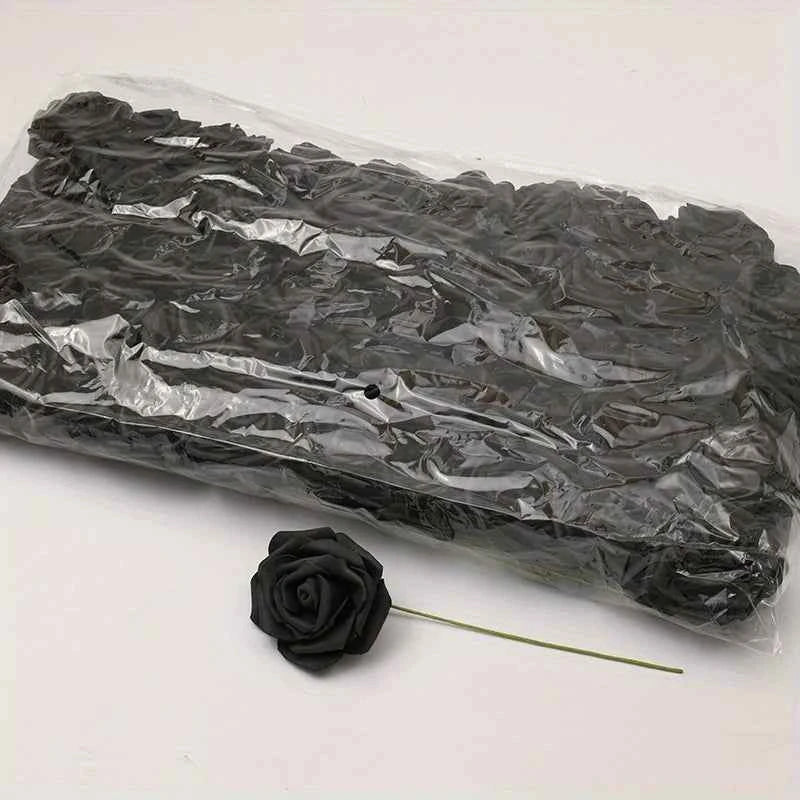 50pcs/package White PE Rose Artificial Flower Head With Stem DIY Bouquet Wedding Party Decoration Scrapbook Supplies