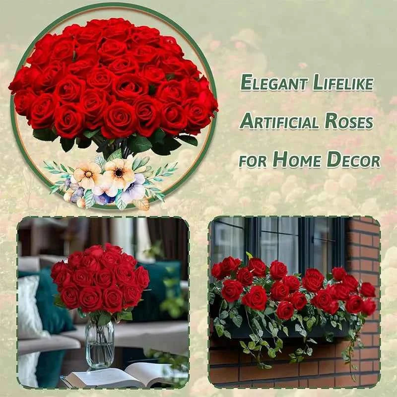 50PCS Fake Roses Artificial Roses Flowers Bulk Silk Rose for Valentine's Day Wedding Anniversary Bridal Bouquet DIY Home Decor