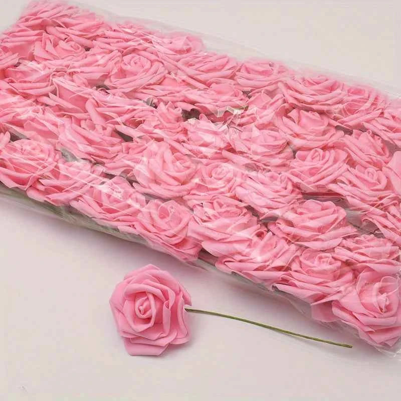 50pcs/package White PE Rose Artificial Flower Head With Stem DIY Bouquet Wedding Party Decoration Scrapbook Supplies