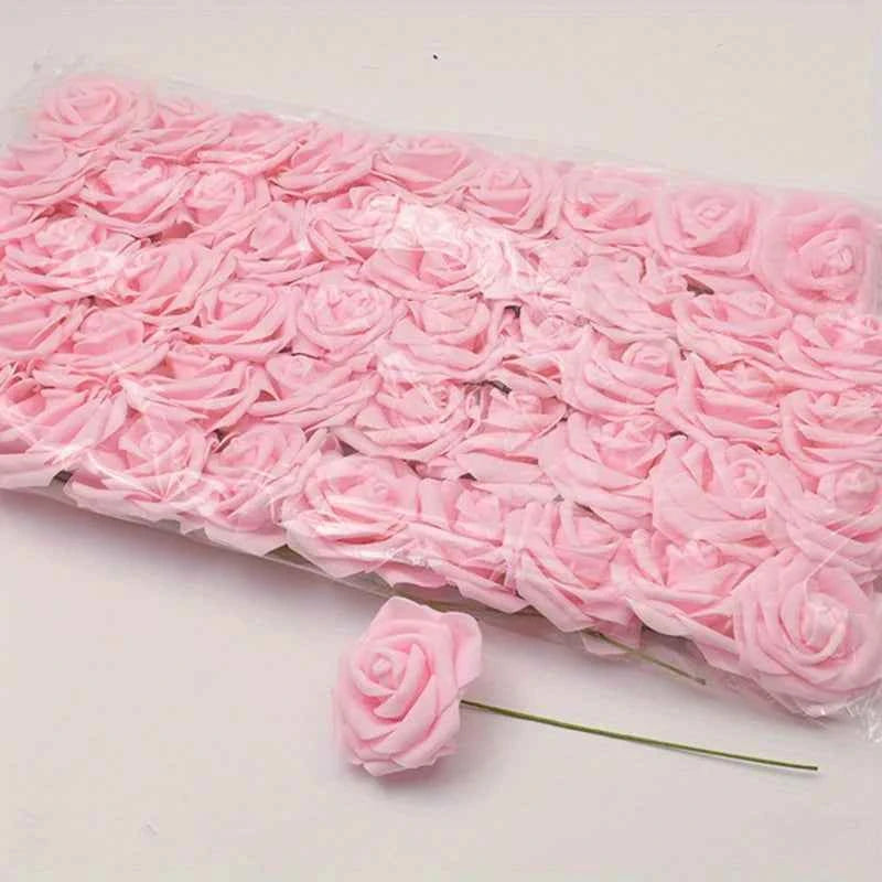 50pcs/package White PE Rose Artificial Flower Head With Stem DIY Bouquet Wedding Party Decoration Scrapbook Supplies