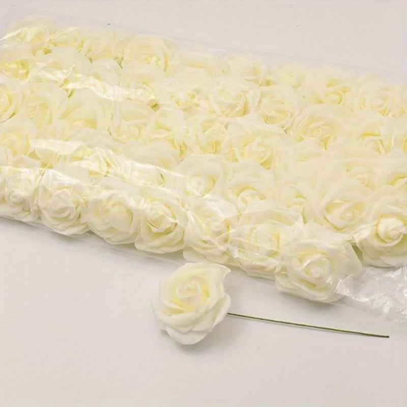 50pcs/package White PE Rose Artificial Flower Head With Stem DIY Bouquet Wedding Party Decoration Scrapbook Supplies