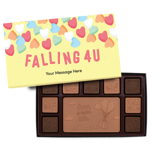 Engraved Premium Chocolate Love Is In The Air (Falling For You) w/ Personalized Message 19-Piece Ensemble (Milk & Dark Border)